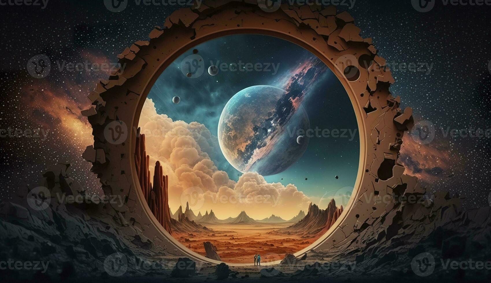 AI generated Portal to another world. Futuristic cosmic landscape with circle tunnel in starry sky. Generative AI photo