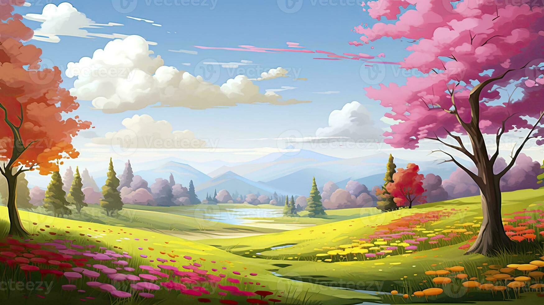 AI generated Spring season with colorful flowers and trees in a pretty meadow or field. AI Generated. photo