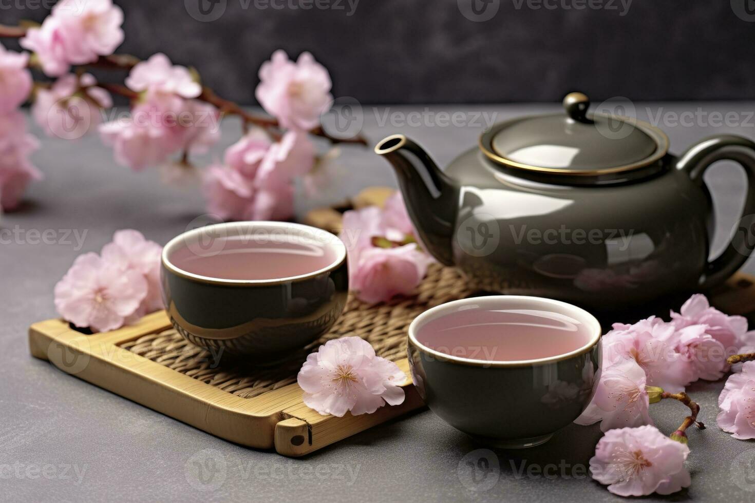 AI generated Traditional ceremony. Cups of brewed tea, teapot and sakura flowers on grey table. Generative AI photo