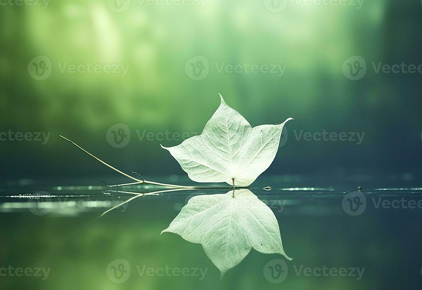 AI generated White transparent leaf on mirror surface with reflection on green background macro. Generative AI photo