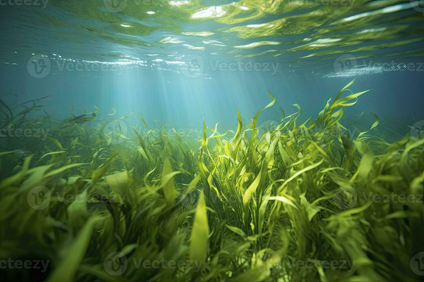 AI generated Underwater view of a group of seabed with green seagrass. AI Generated photo