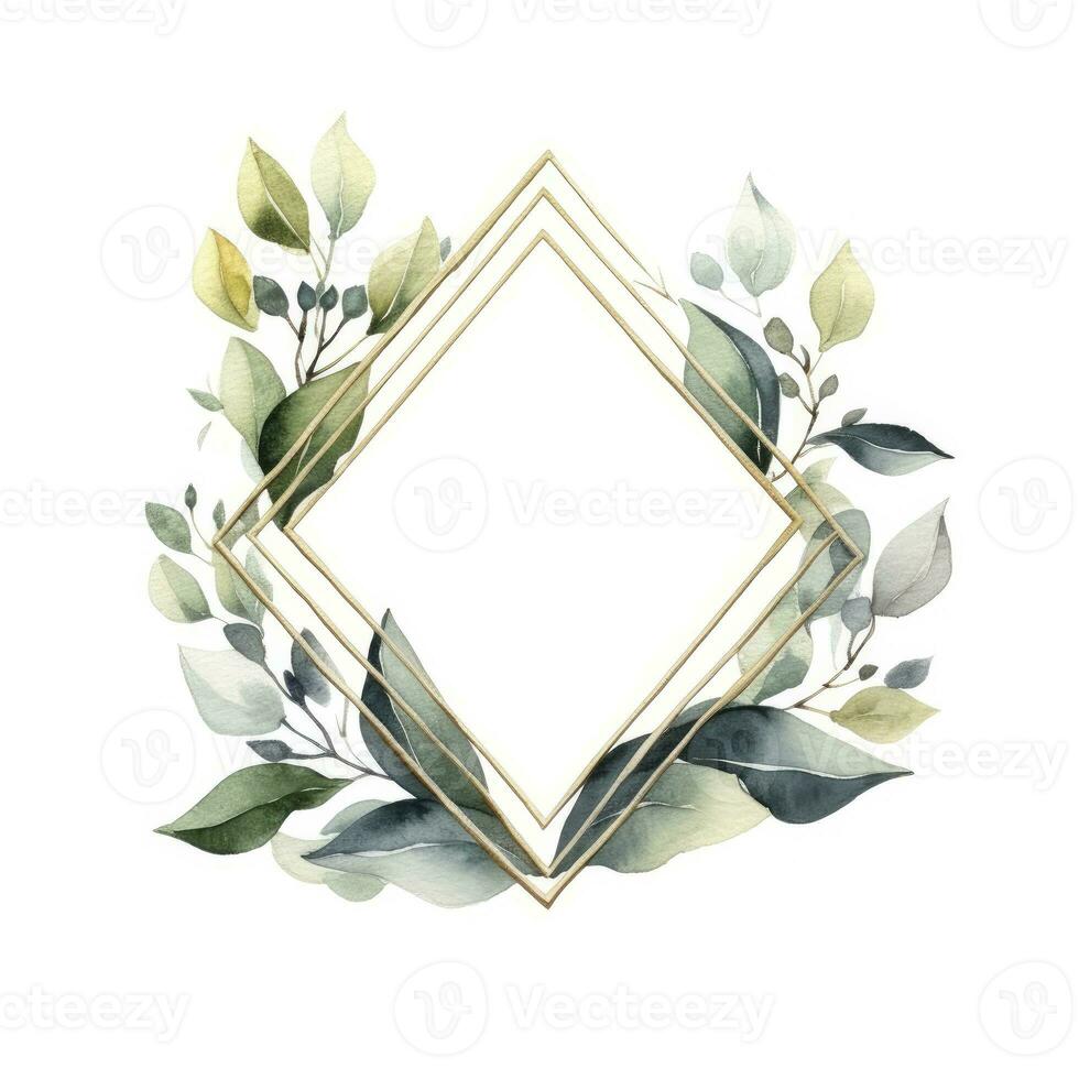 AI generated Watercolor geometry shape wreath with green leaf. AI Generated photo