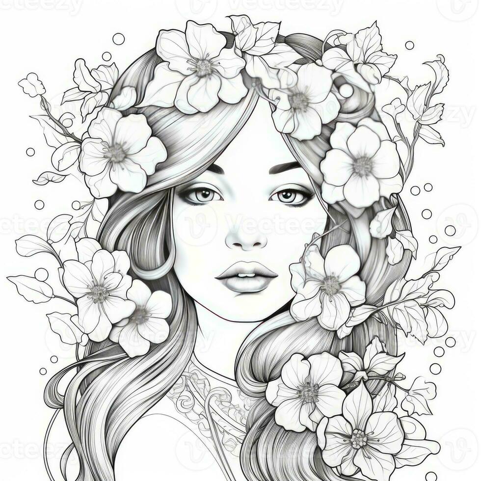 AI generated A girl on a coloring book page with Jasmine flowers. AI Generated photo