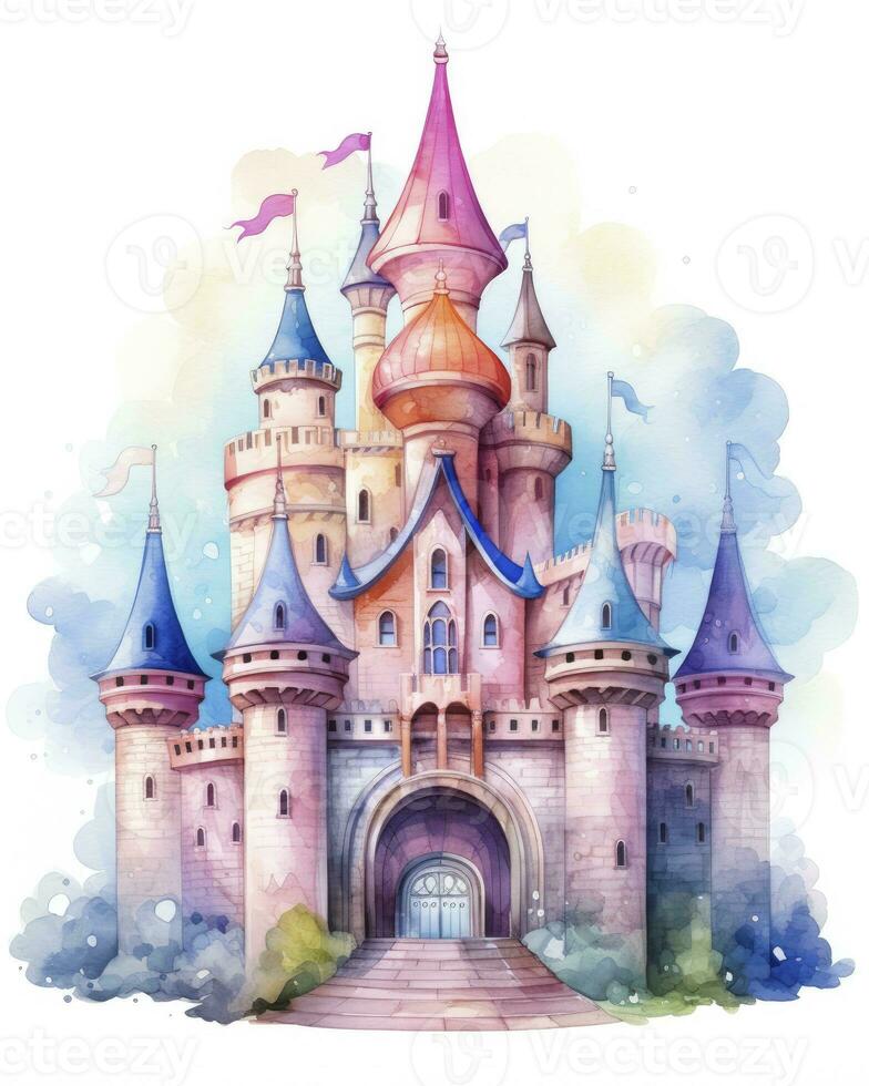 AI generated Colorful watercolor kawaii castle isolated on white background. AI Generated photo