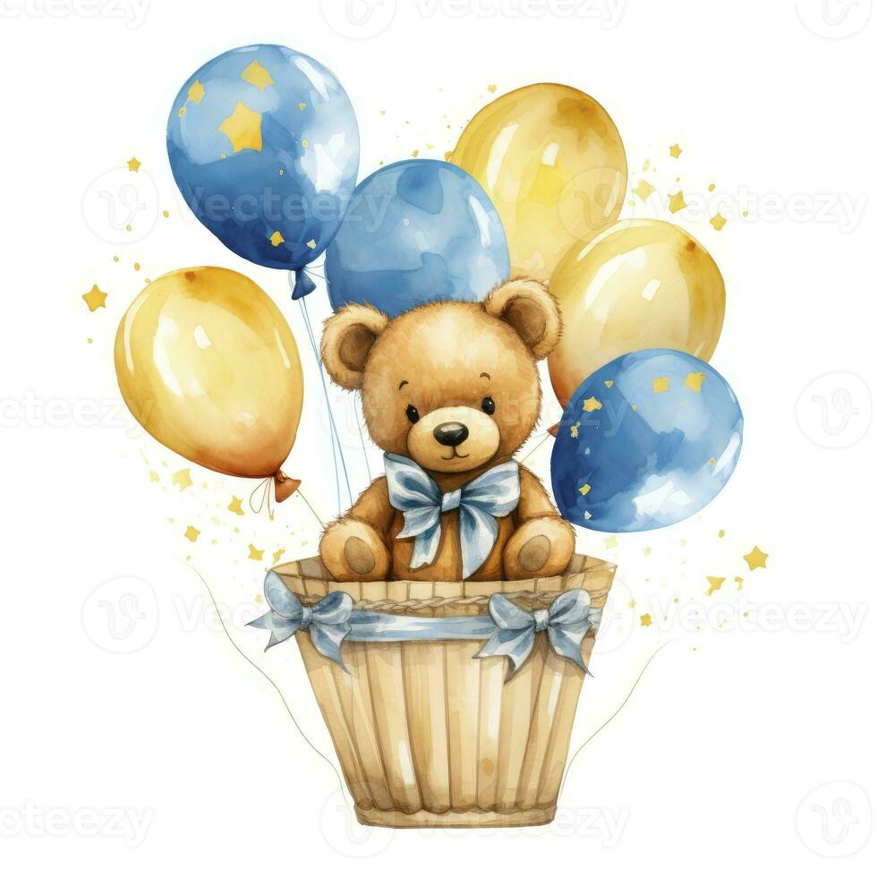 AI generated A watercolor baby teddy bear is sitting in the basket with blue and gold balloons. AI Generated photo