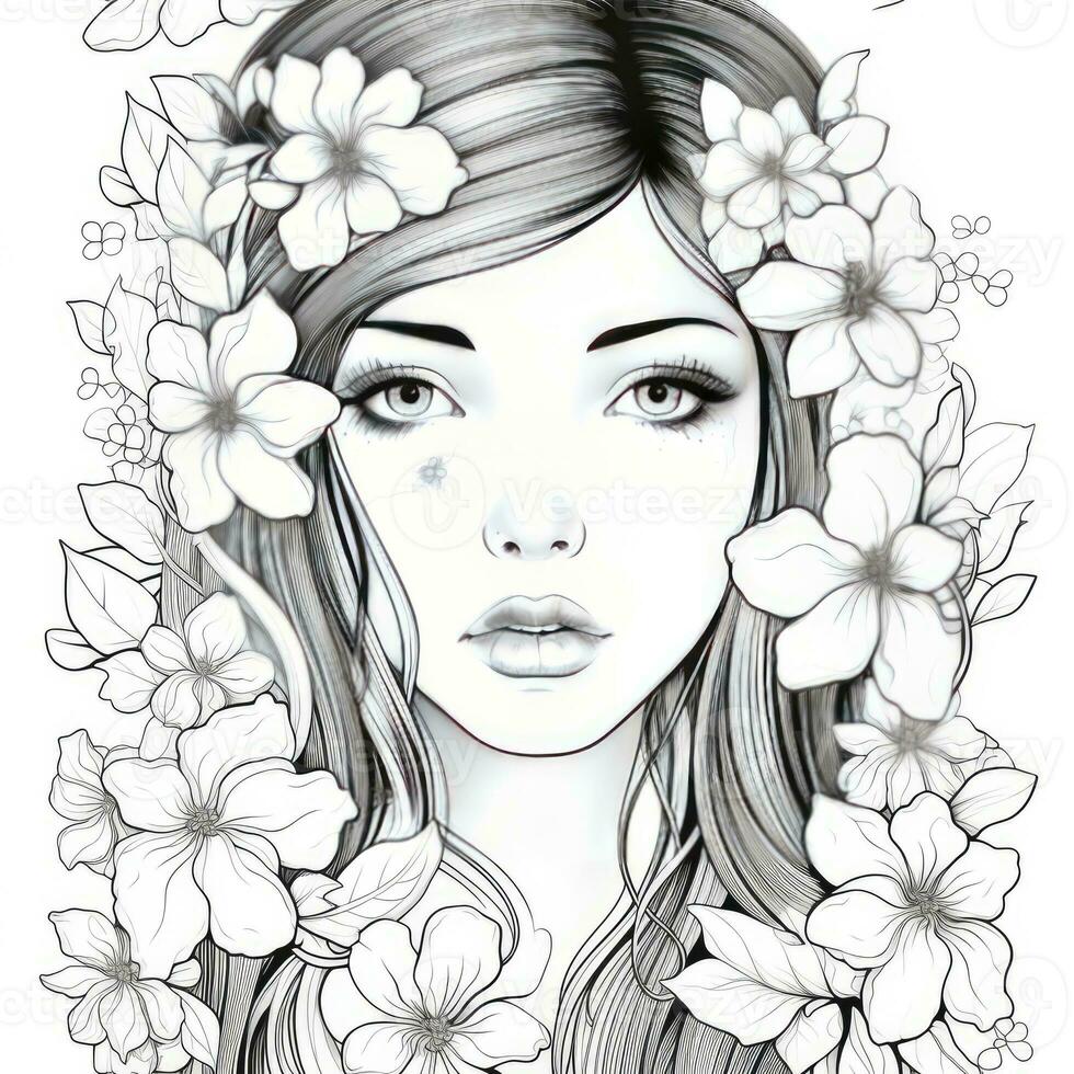 AI generated A girl on a coloring book page with Jasmine flowers. AI Generated photo