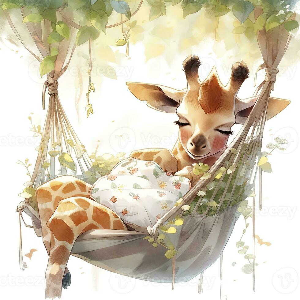 AI generated A sleepy baby giraffe in a hammock. watercolor illustration. AI Generated photo