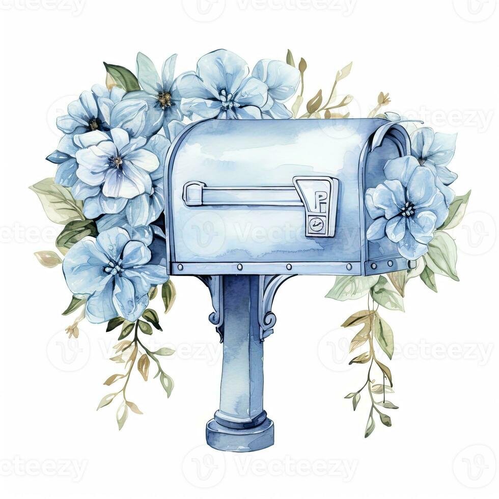 AI generated Watercolor light blue floral mailbox on a white background. AI Generated photo