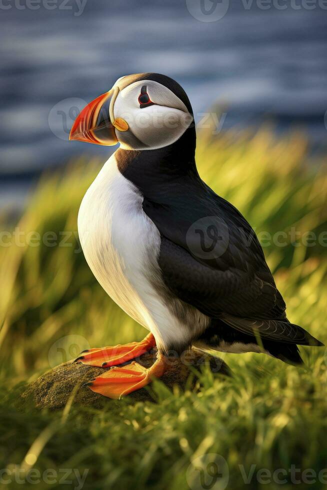 AI generated Puffin bird on a green grass patch. AI Generated photo