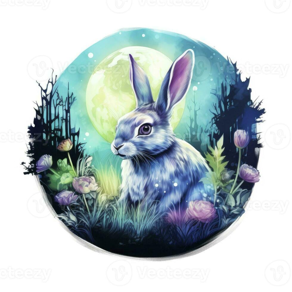 AI generated Watercolor Rabbit and Glowing Moon for T-shirt Design. AI Generated photo