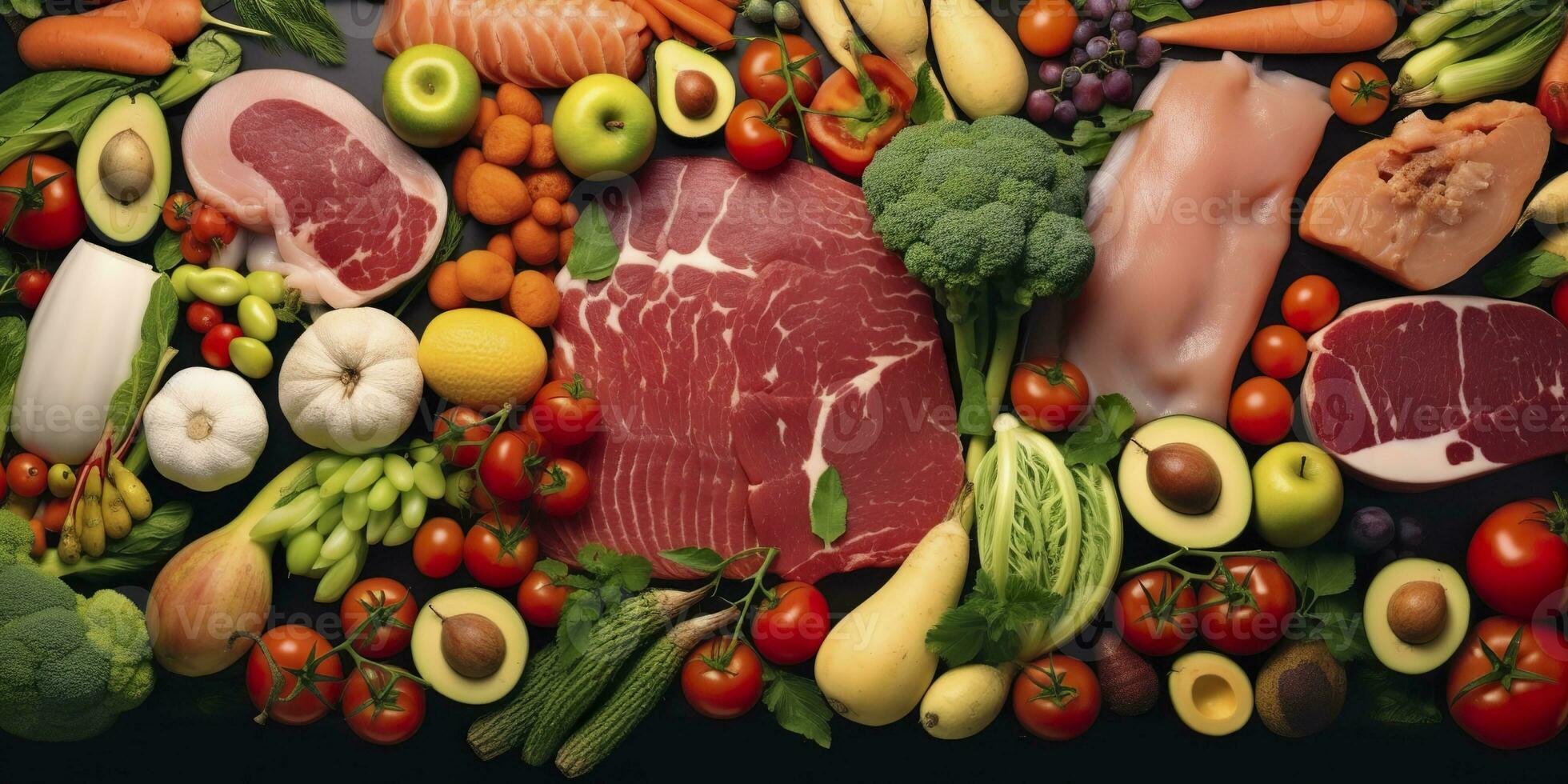 AI generated Different types of meats, vegetables, and fruits lay in supermarkets. Generative AI photo