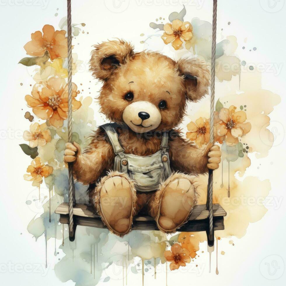 AI generated A cute happy teddy bear swings on a tree on a white background. AI Generated photo