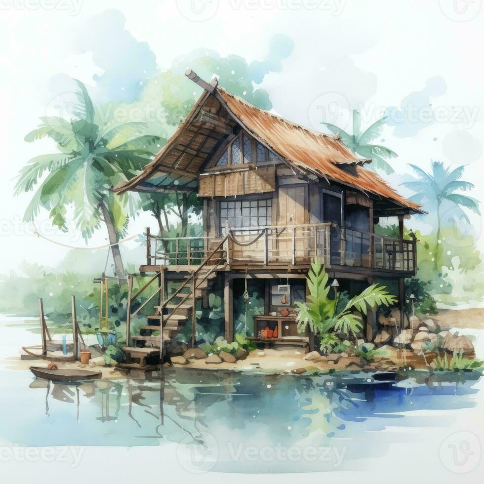 AI generated A watercolored bright serene image of a traditional bahay kubo. AI Generated photo