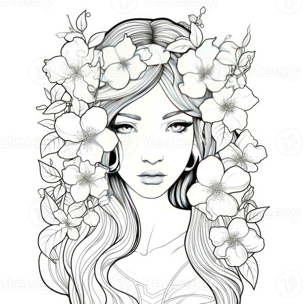 AI generated A girl on a coloring book page with Jasmine flowers. AI Generated photo