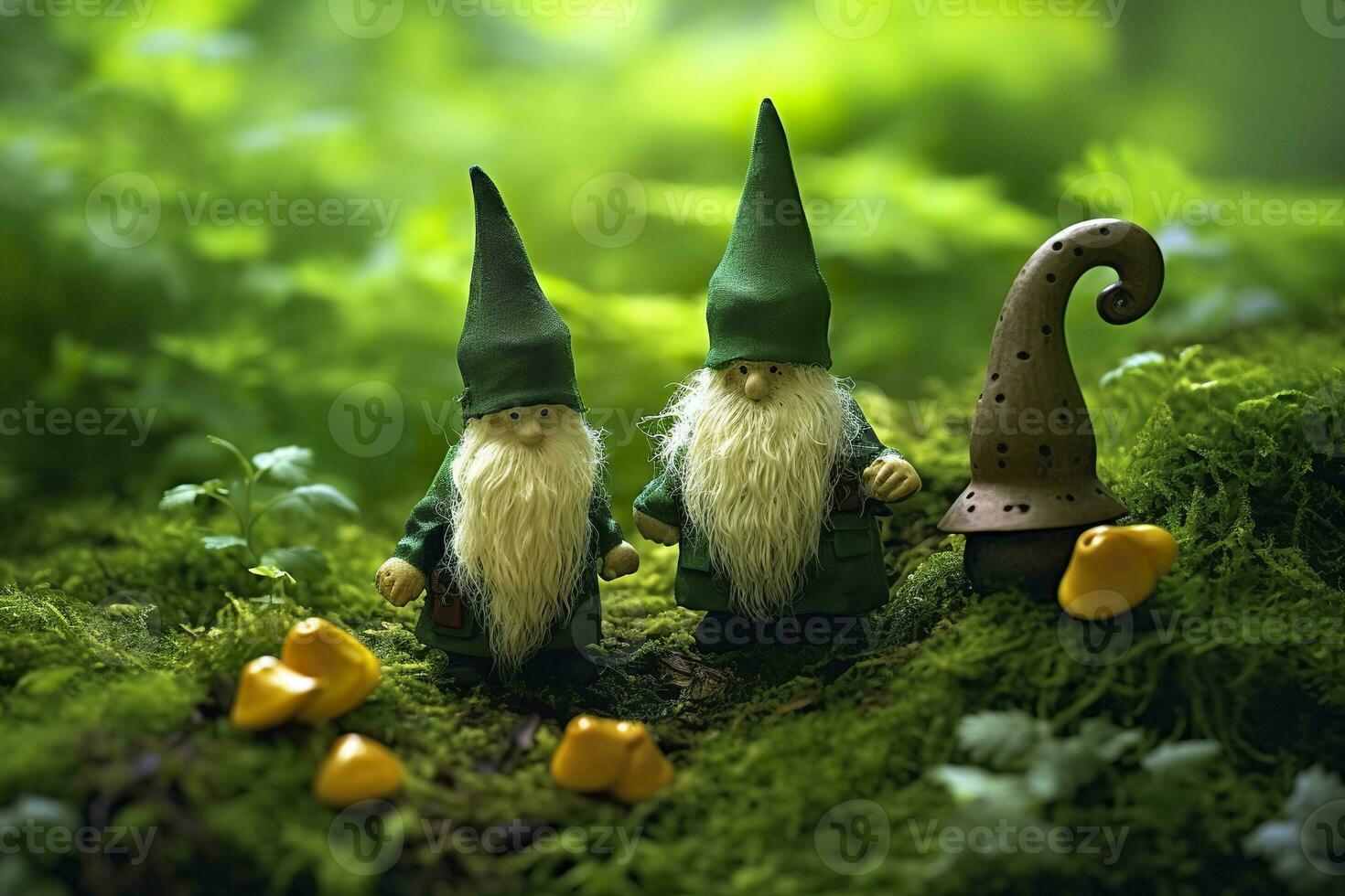 AI generated Toy Irish gnomes in a mystery forest, abstract green natural background. Generative AI photo