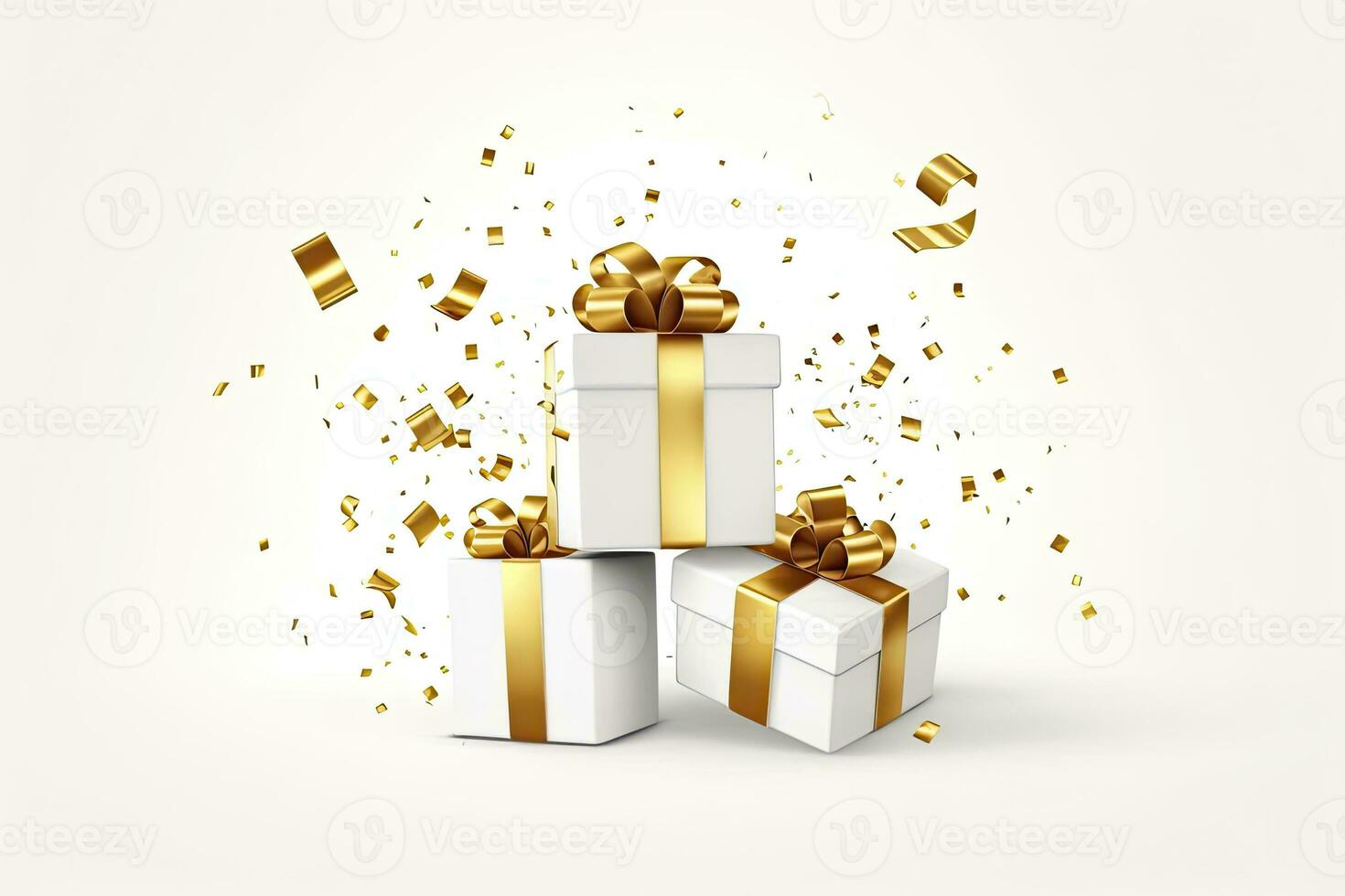 ai generado alegre nuevo año y alegre Navidad 2024 blanco regalo cajas con dorado arcos y oro lentejuelas papel picado en blanco antecedentes. ai generado foto