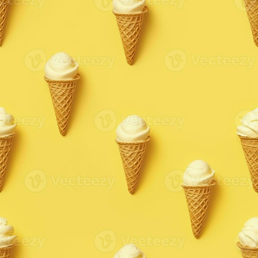 AI generated Ice Cream pattern on yellow background, top view. AI Generated photo