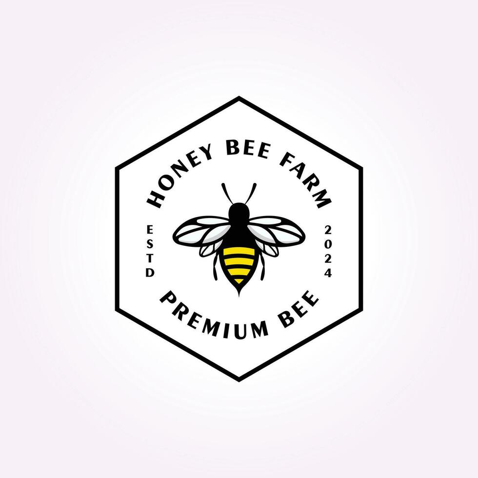 hexagonal emblem honey bee logo design, insect butterfly dragonfly vintage vector illustration