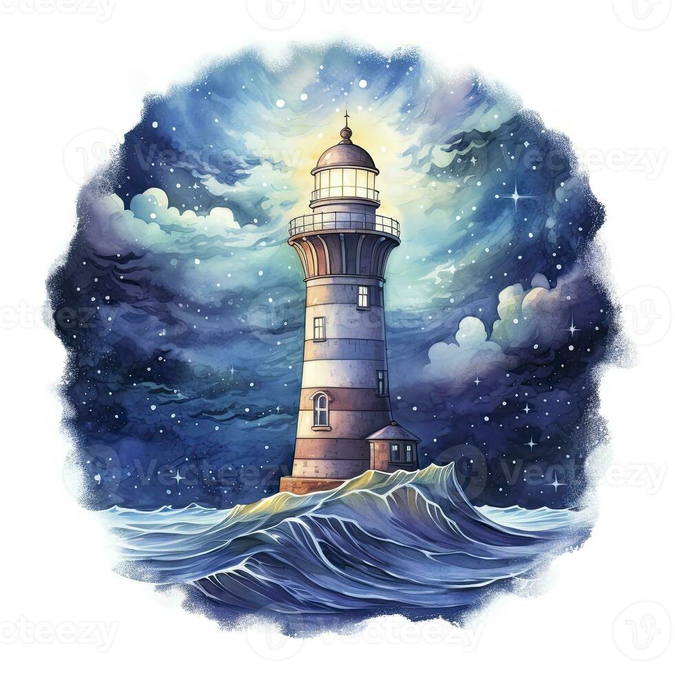 AI generated Lighthouse beside the sea at Night. watercolor for T-shirt design. AI Generated photo