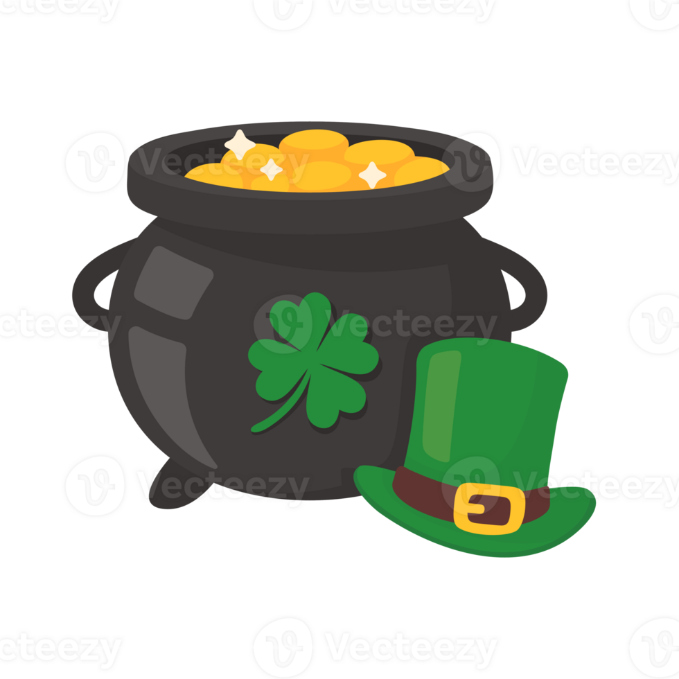 The green pot is full of gold coins. with good luck clover on st