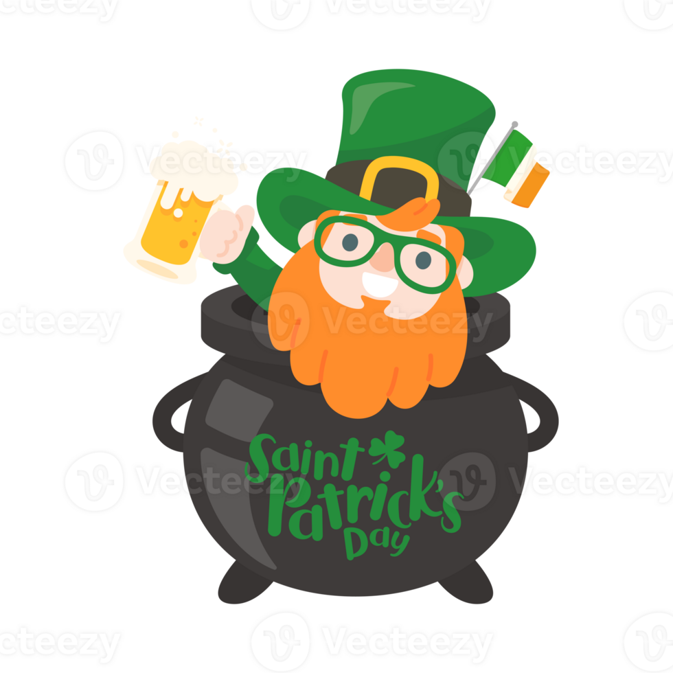 Cartoon man with long beard drinking beer celebrates St. Patrick's Day. png