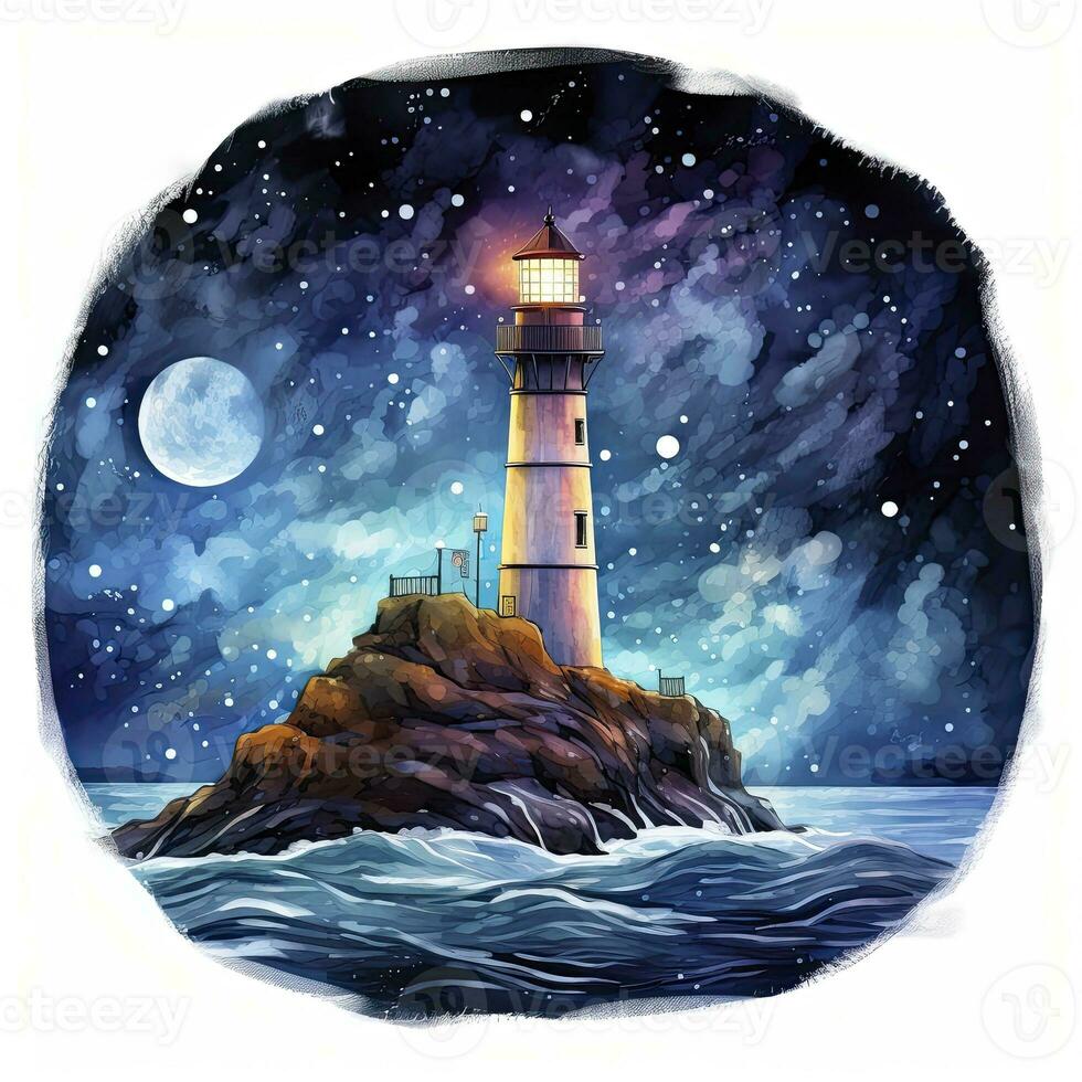 AI generated Lighthouse beside the sea at Night. watercolor for T-shirt design. AI Generated photo
