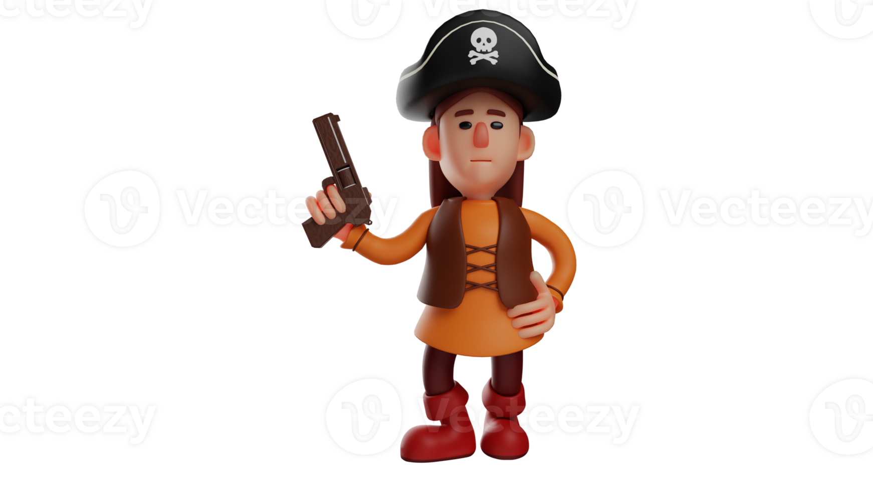 3D illustration. Student 3D Cartoon Character. Student wear pirate costume when there is a celebration at her school. Cute student holding a gun as his party prop. 3D cartoon character png