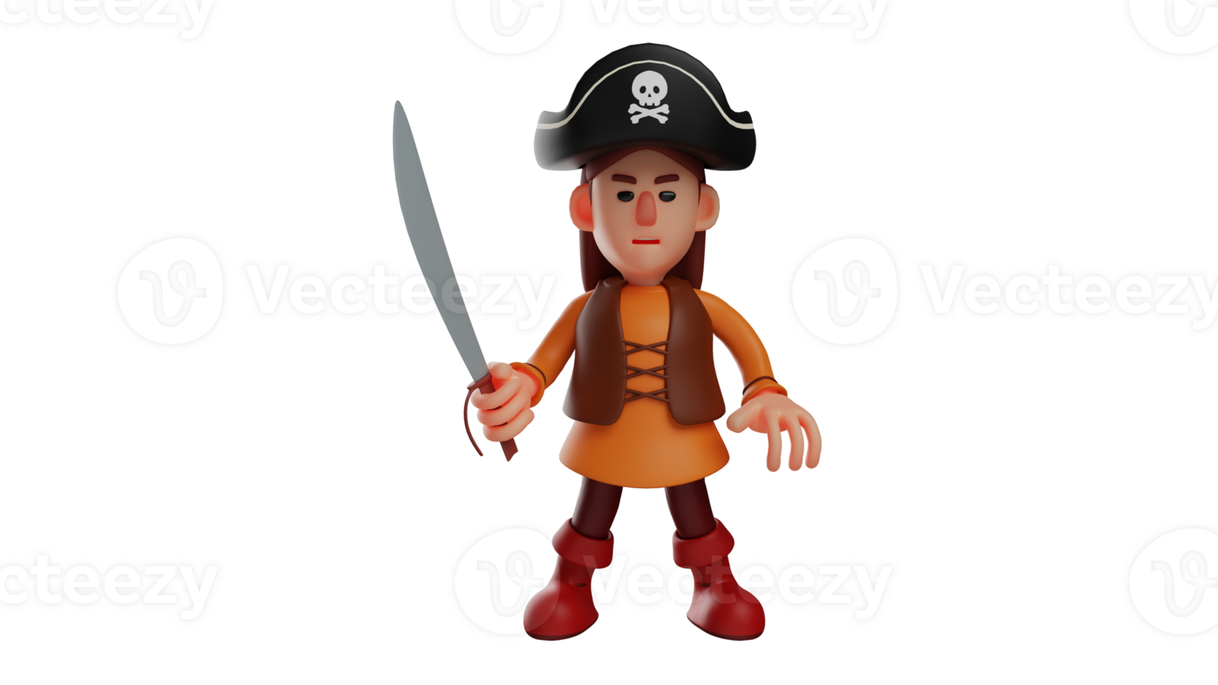 3D illustration. Cool Pirate 3D Cartoon Character. A female pirate who is ready to sail the vast ocean. The little pirate holds a knife that is used as a weapon. 3D cartoon character png