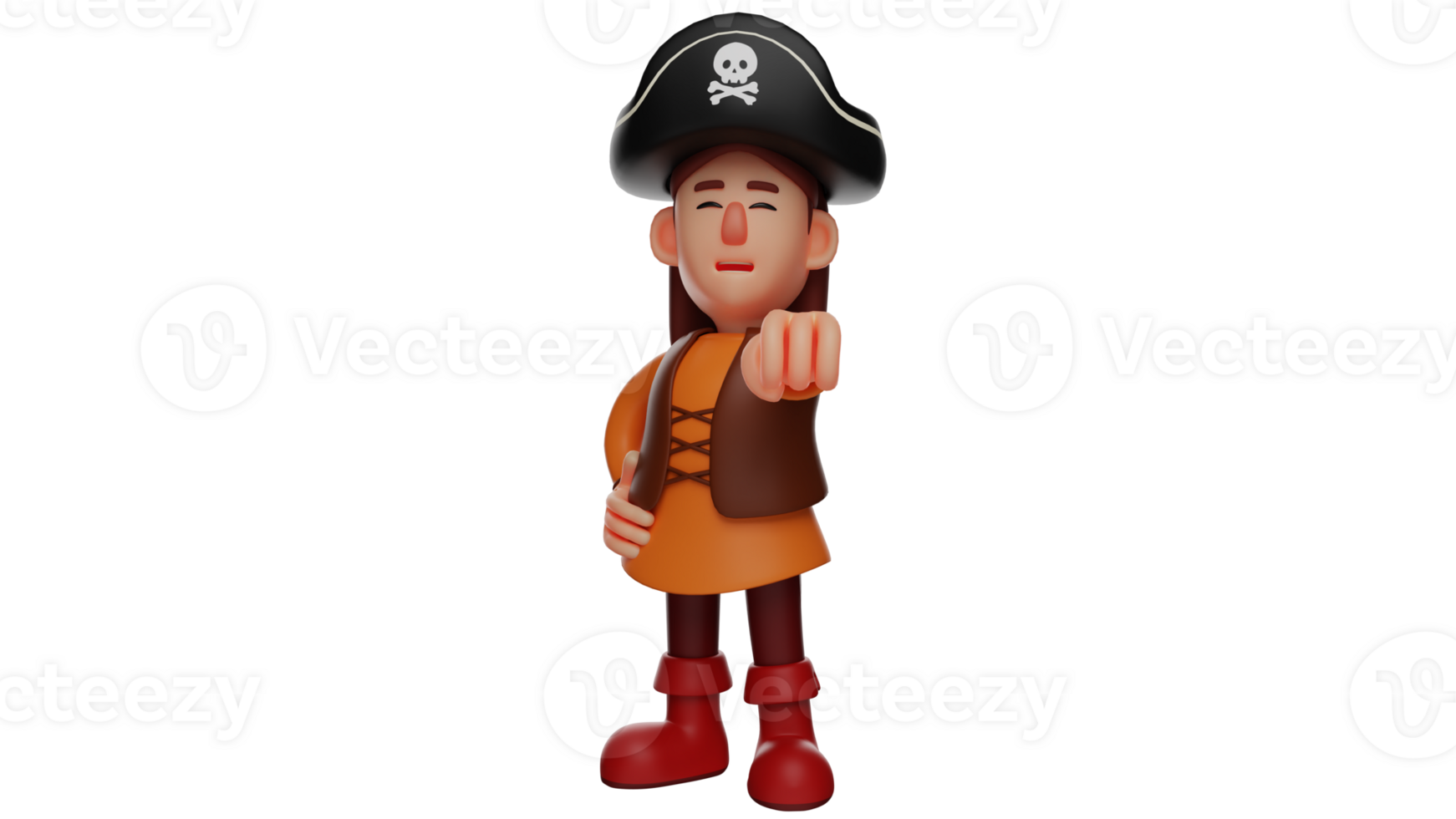 3D illustration. Stunning Pirate 3D Cartoon Character. Beautiful pirate pointing towards the front. Pirate look charming withher long hair and sweet smile. 3D cartoon character png