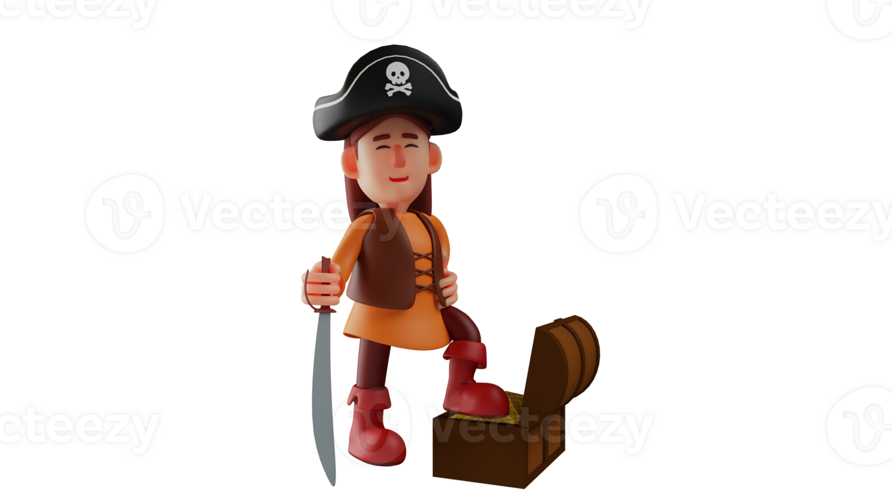 3d ilustração. ótimo pirata 3d desenho animado personagem. piratas gerenciou para encontrar tesouro. a pirata levantado 1 pé para a exposto tesouro. ela sorriu alegremente às dele descoberta. 3d desenho animado personagem png