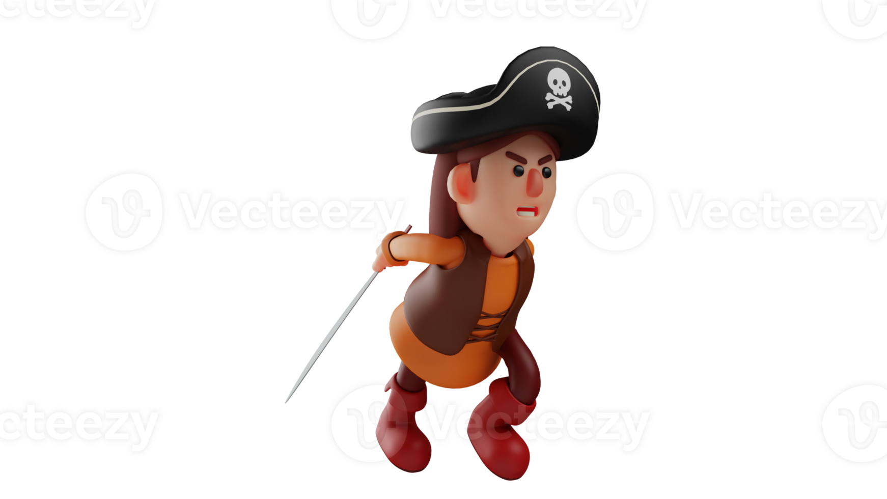 3D illustration. Excited Pirate 3D Cartoon Character. Pirate is  carrying out an attack on the enemy. Pirates ran while carrying sharp swords. 3D cartoon character png