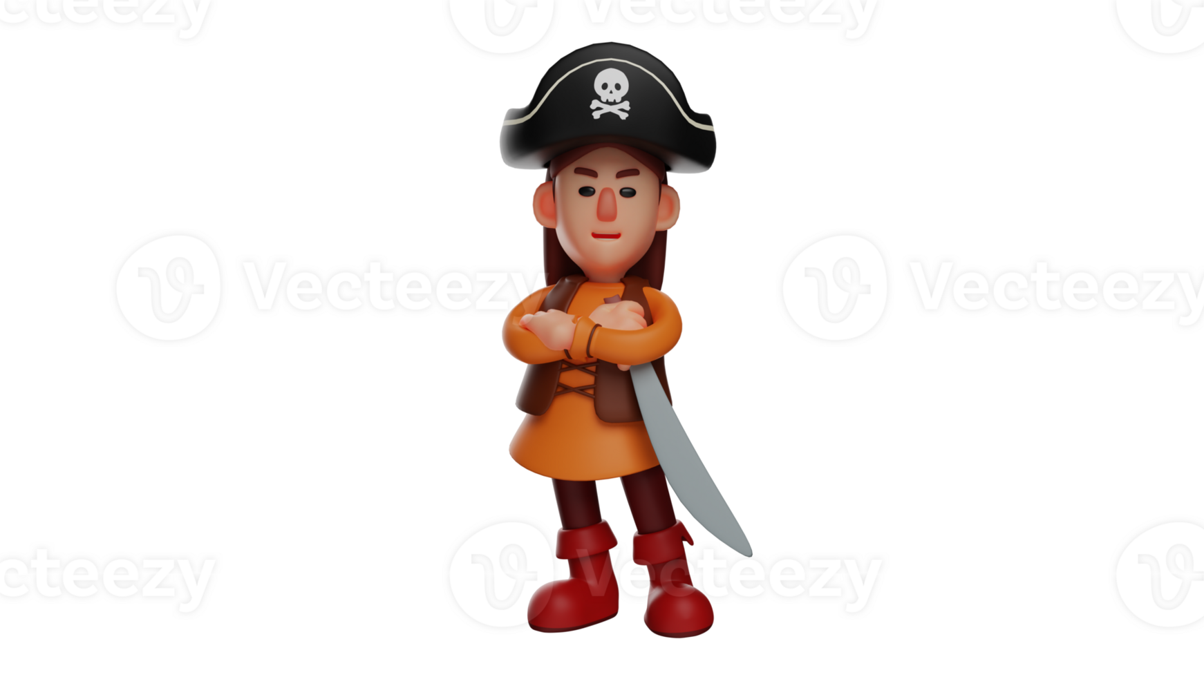 3D illustration. Little Kids 3D Cartoon Character. Kids wearing a pirate costume and hat. Kids had his arms crossed while carrying a knife and showing a frightening expression. 3D cartoon character png