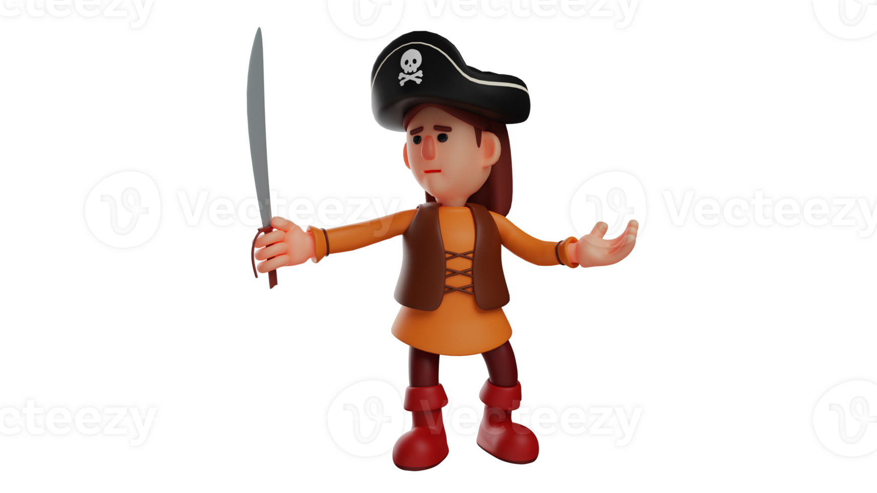 3d illustrazione. confuso pirata 3d cartone animato carattere. bambini indossare pirata costume e trasportare spada. il poco pirata guardato confuso come lui appuntito il suo spada inoltrare. 3d cartone animato personaggio png