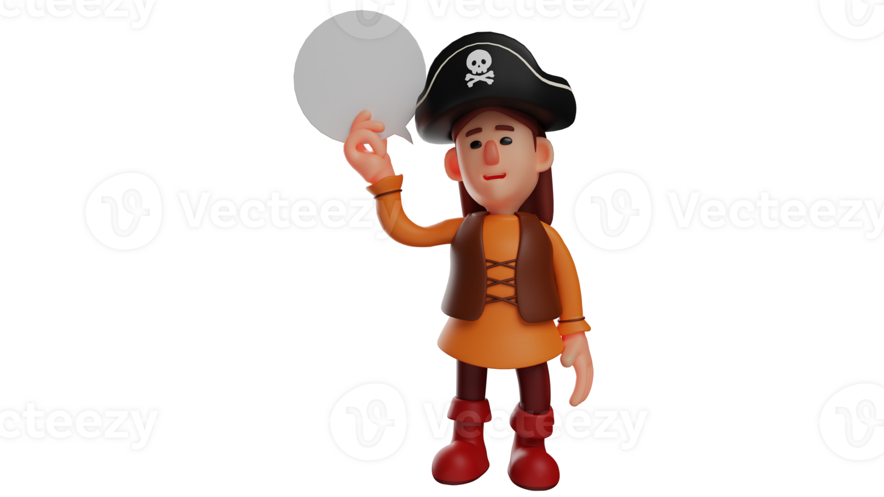 3D illustration. Smart Pirate 3D Cartoon Character. The pirate is thinking about something. Pirate have long black hair. Pirate showed a serious expression. 3D cartoon character png