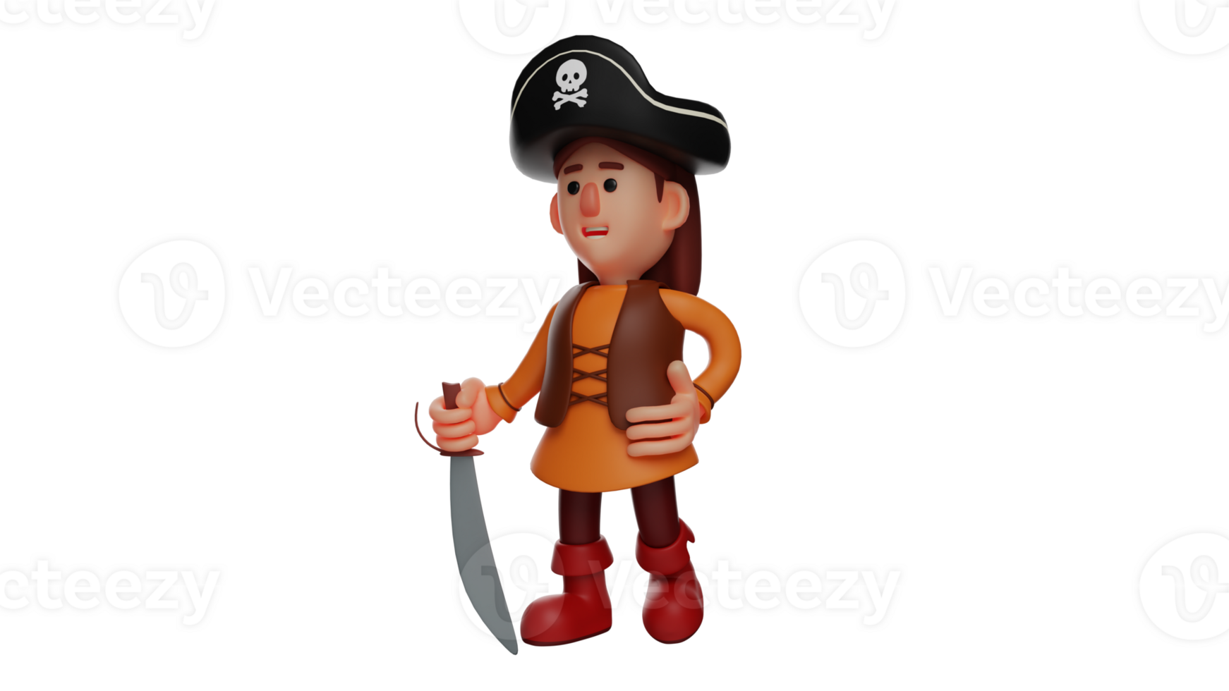 3D illustration. Fierce Pirate 3D Cartoon Character. Female pirates have long hair. The pirate put one hand on his hip. The pirate showed a fierce expression. 3D cartoon character png