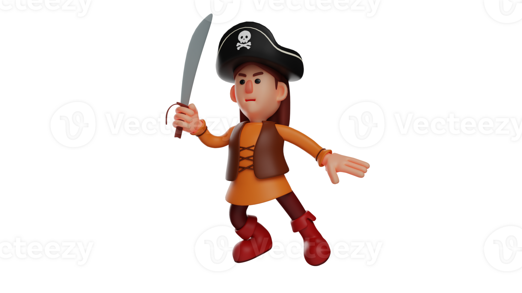 3D illustration. Brave Pirate 3D Cartoon Character. Pirate is facing his enemies. A little pirate who swings a sharp knife at the opponent and shows a hideous expression. 3D cartoon character png