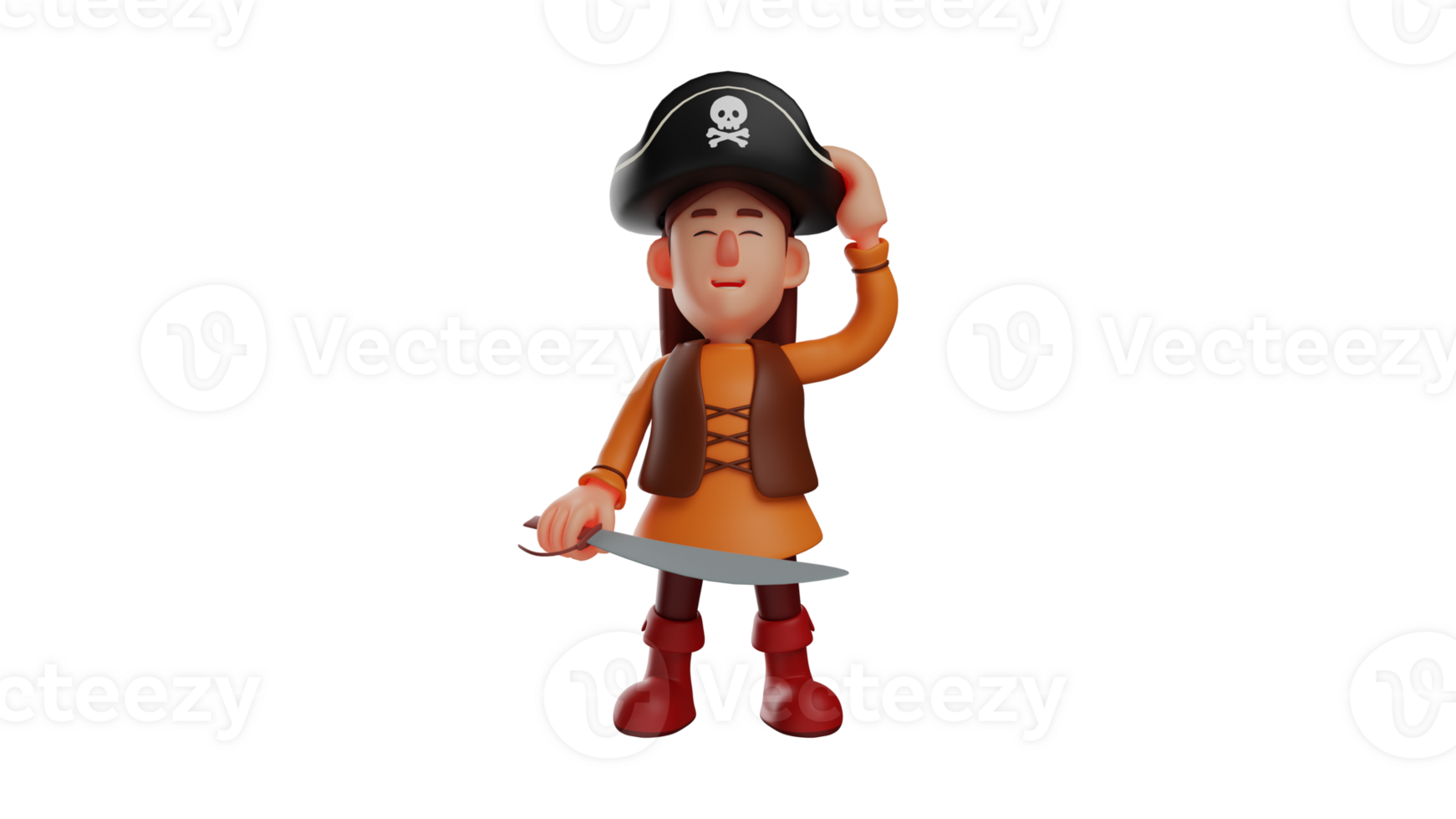 3D illustration. Sweet Pirate 3D Cartoon Character. A little girl smiling while touching the hat she was wearing. Beautiful girl wearing a pirate costume complete with a knife. 3D cartoon character png