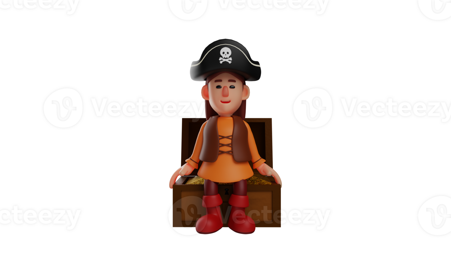 3D illustration. Calm Pirate 3D Cartoon Character. The pirate sits on the treasure she just found. Girls wear pirate costumes and act like in a fairy tale world. 3D cartoon character png