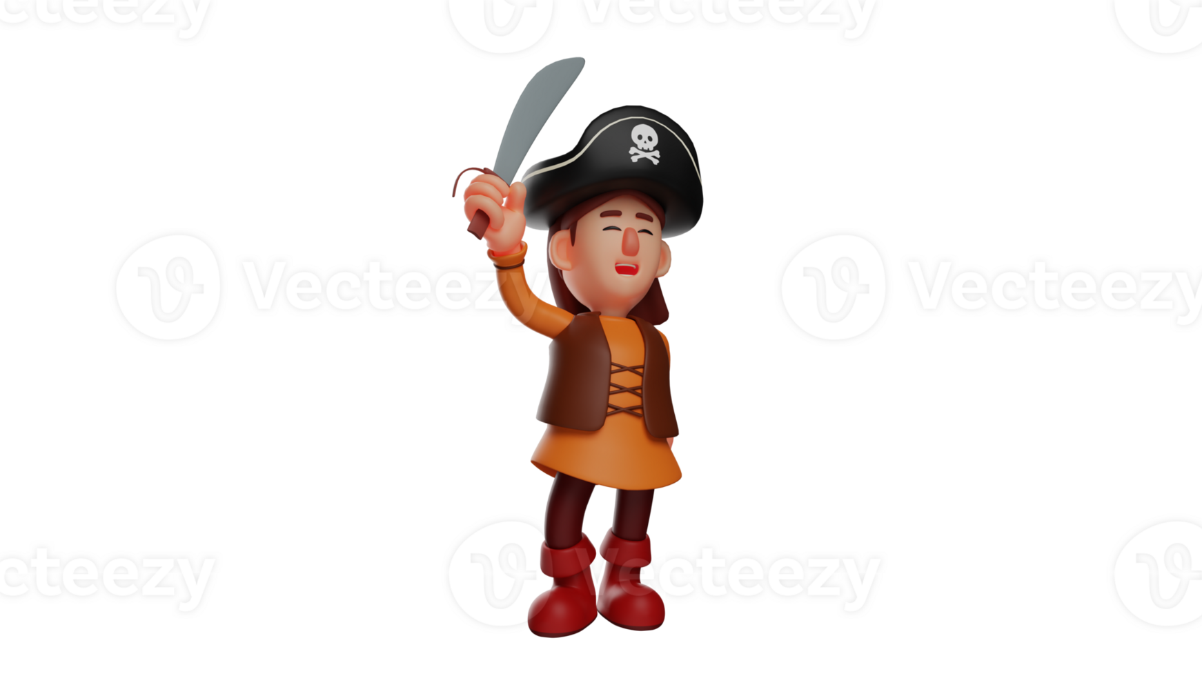 3D illustration. Pirate 3D Cartoon Character. A little pirate holding a sword. Adorable pirate smiling and wearing a nice costume. The pirate raised his sword proudly. 3D cartoon character png