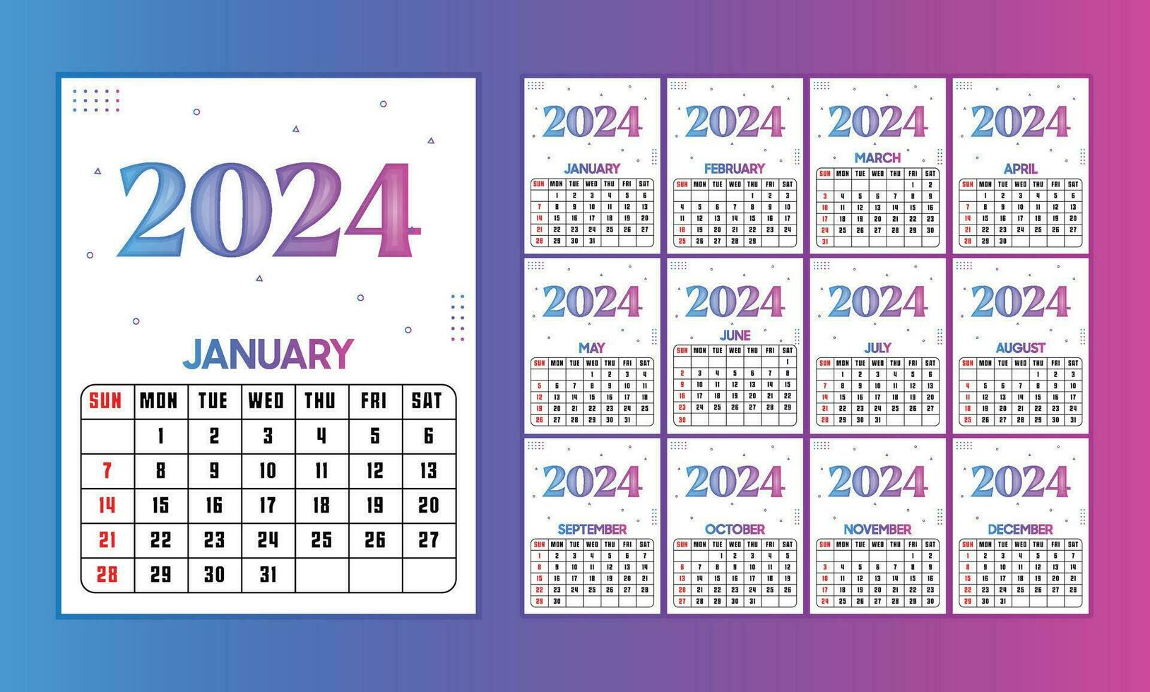 calendar 2024 week starts Sunday corporate design template vector. vector