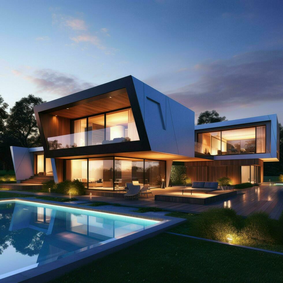 AI generated 3D rendering of modern house modern cozy house with garage for sale or rent with beautiful landscaping on background Ai generated photo
