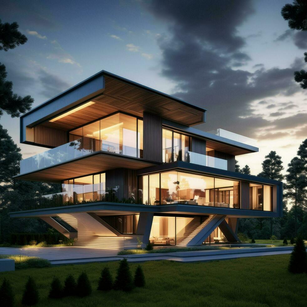 AI generated 3D rendering of modern house modern cozy house with garage for sale or rent with beautiful landscaping on background Ai generated photo