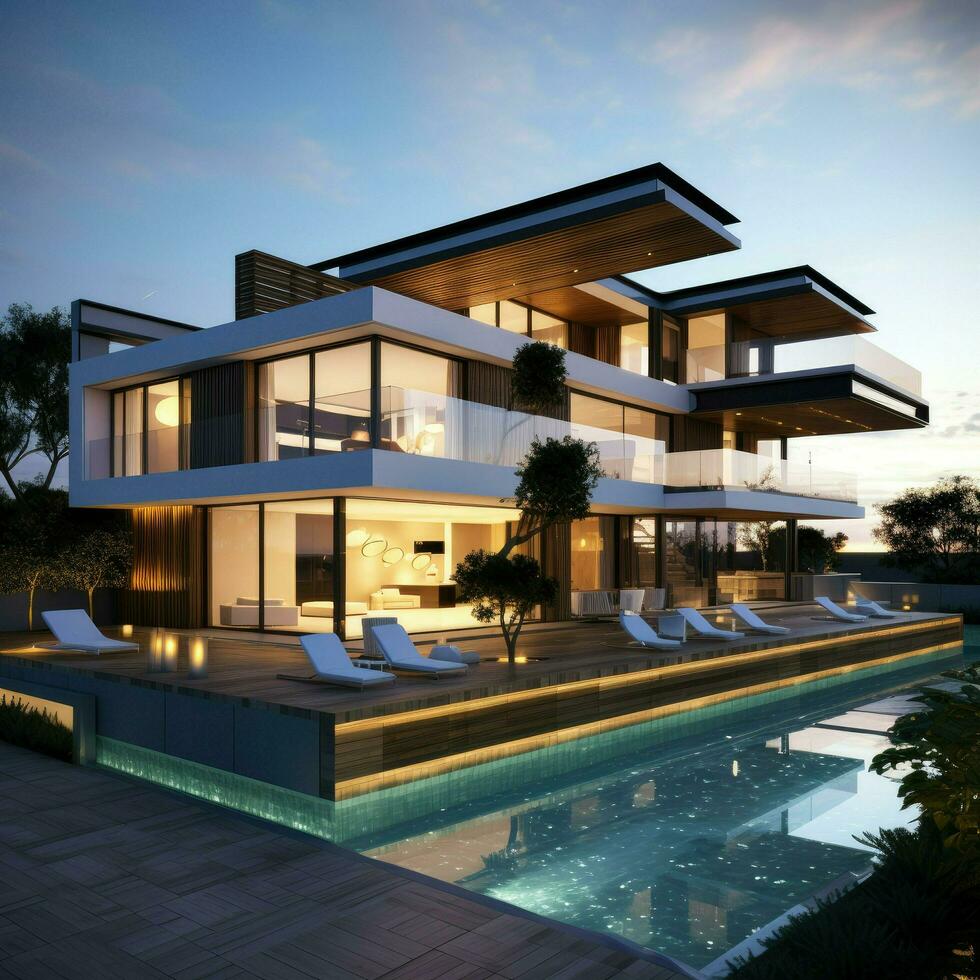 AI generated 3D rendering of modern house modern cozy house with garage for sale or rent with beautiful landscaping on background Ai generated photo