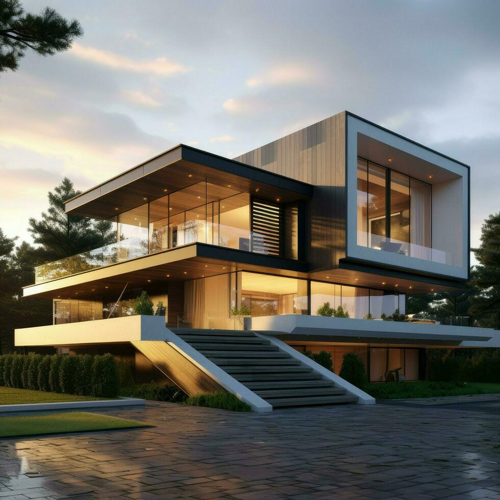 AI generated 3D rendering of modern house modern cozy house with garage for sale or rent with beautiful landscaping on background Ai generated photo