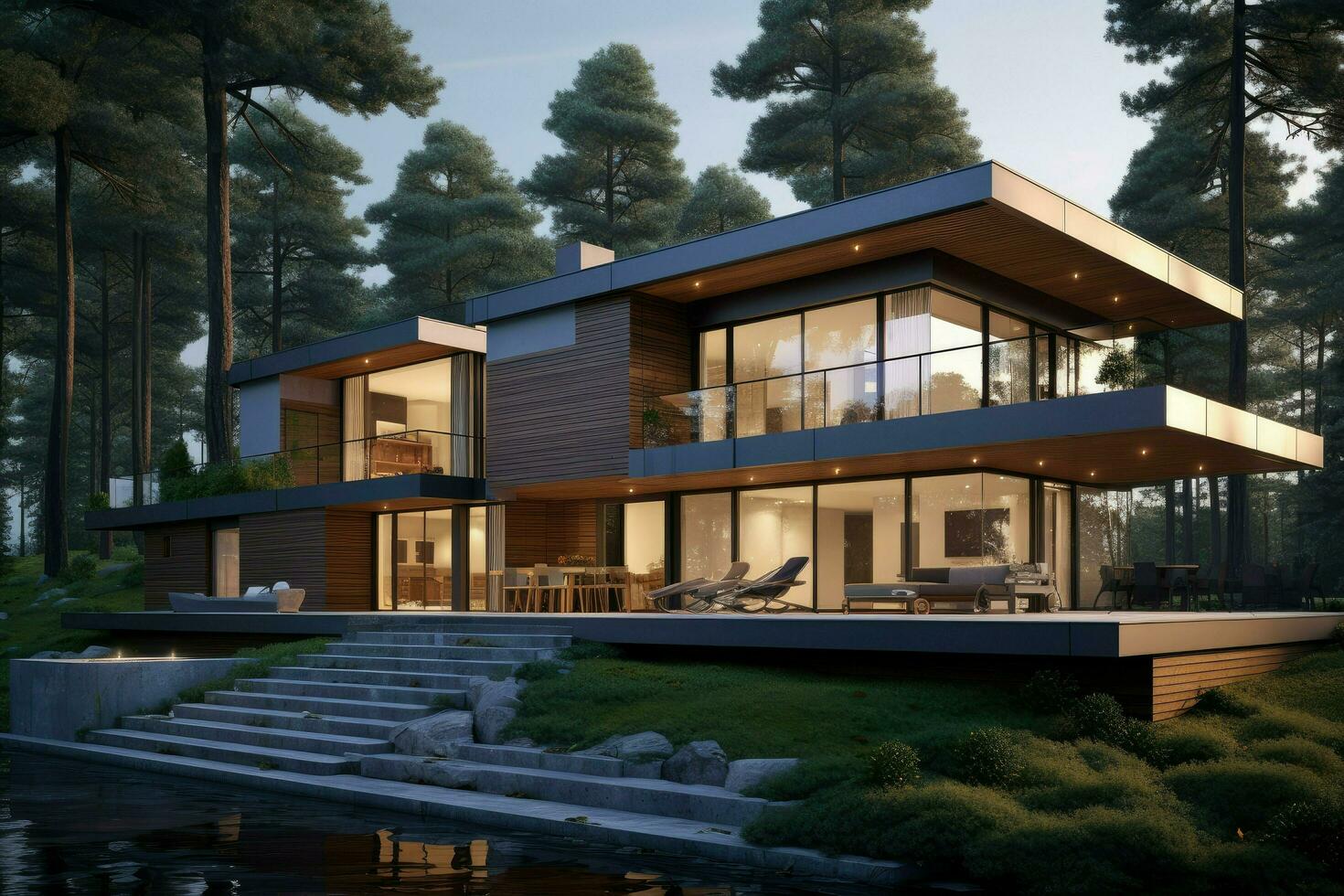 AI generated 3D rendering of modern house modern cozy house with garage for sale or rent with beautiful landscaping on background Ai generated photo