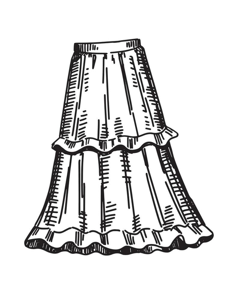 Sketch of long skirt with ruffles. Spring clothes doodle. Hand drawn vector illustration clipart isolated on white.