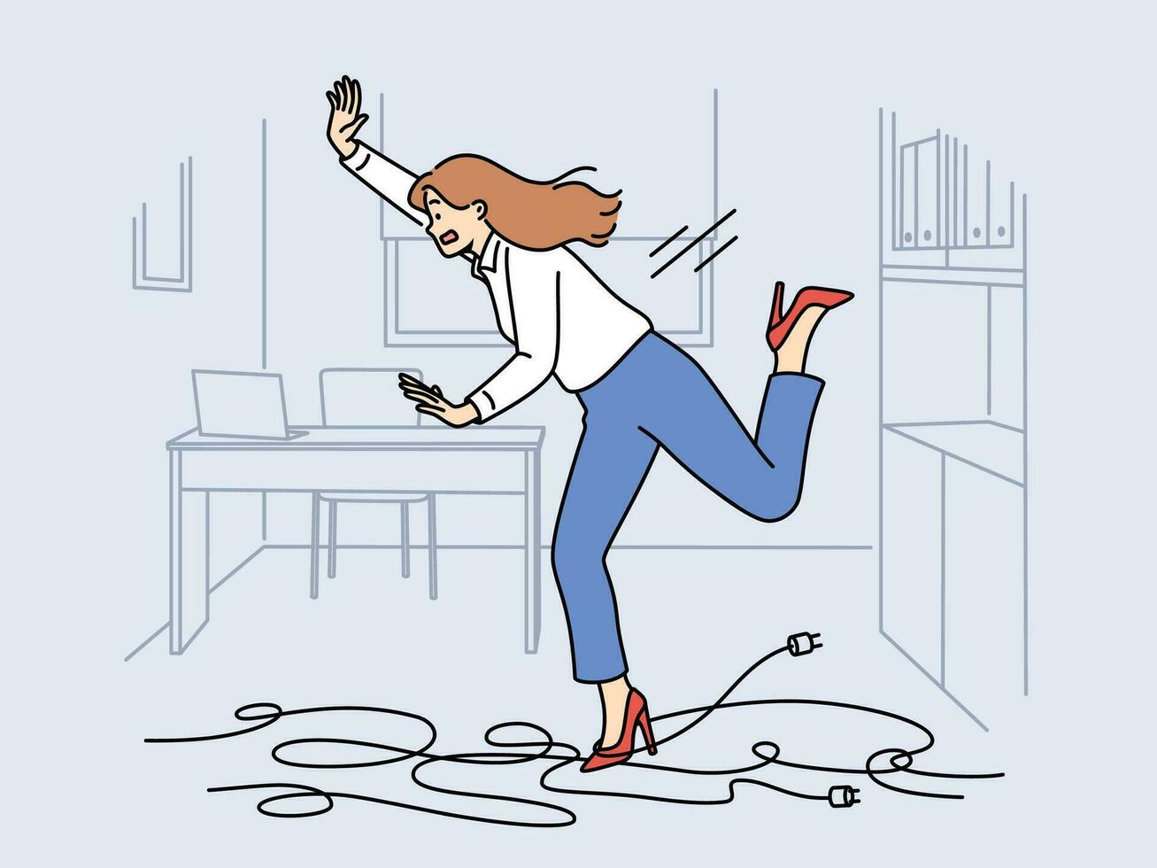 Businesswoman trips on wires and falls, risking injury due to clumsiness or mess in workplace vector