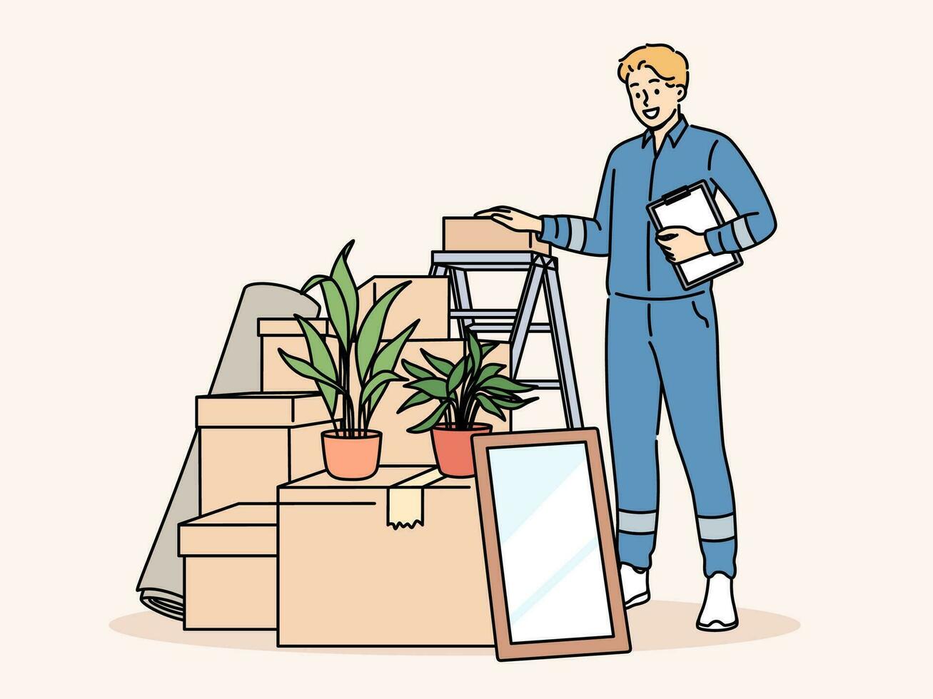 Man mover stands near pile of cardboard boxes advertising services of company that helps with moving vector