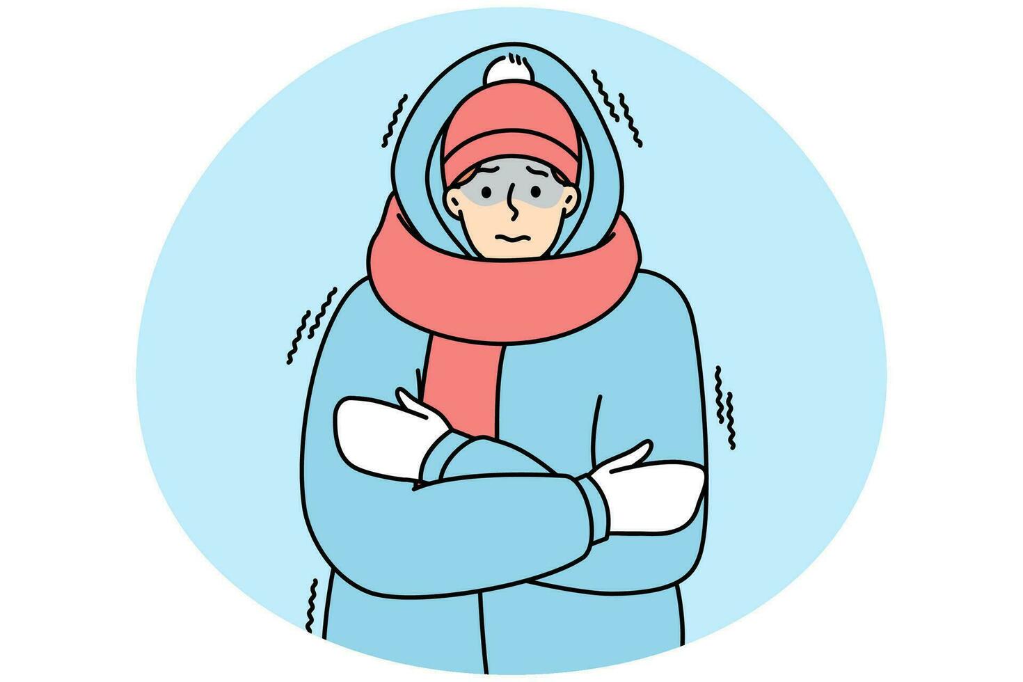 Young man in outerwear feeling cold and freezing outdoors. Unhappy frozen guy in jacket suffer during cold days in winter. Vector illustration.