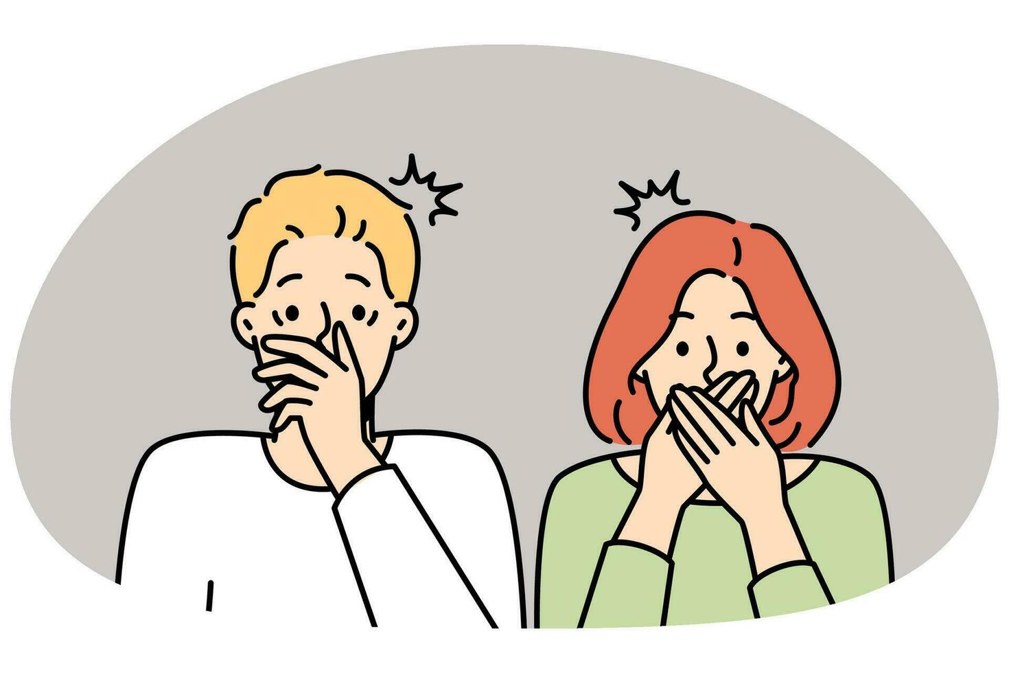 Shocked couple cover mouth stunned by unbelievable news. Amazed man and woman surprised by unexpected message. Vector illustration.